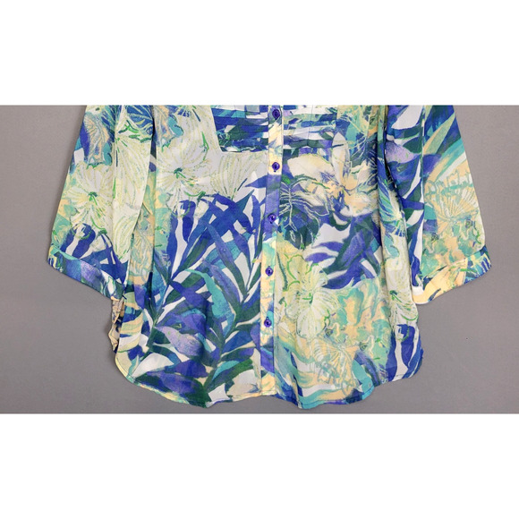Chicos Button Front Top Blouse Womens Chicos 1 (M-8) Blue Floral Leaf V-Neck - Picture 3 of 13